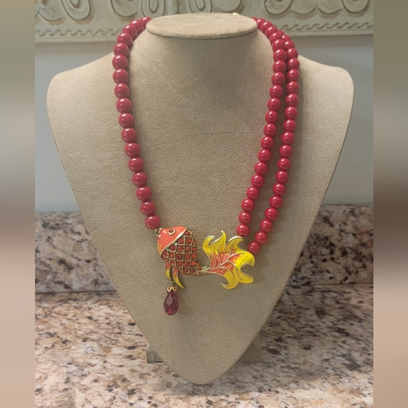 Heidi Daus Lucky Koi Fish inlaid Red Shiny Rhinestone‎ Enamel Necklace - Picture 2 of 10